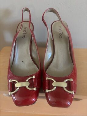 me too Red Patent Slingback Block Heels with Gold Hardware